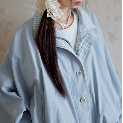 無地×ギンガムチェックのコントラストカラーバルーンジャケット　《Z00765》