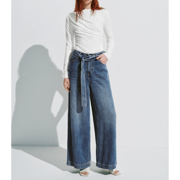 ウエストベルト付きワイドレッグデニムパンツ X-525
