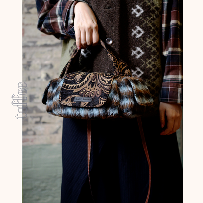 ファー付きダマスク織りショルダーバッグ　《Z00788》