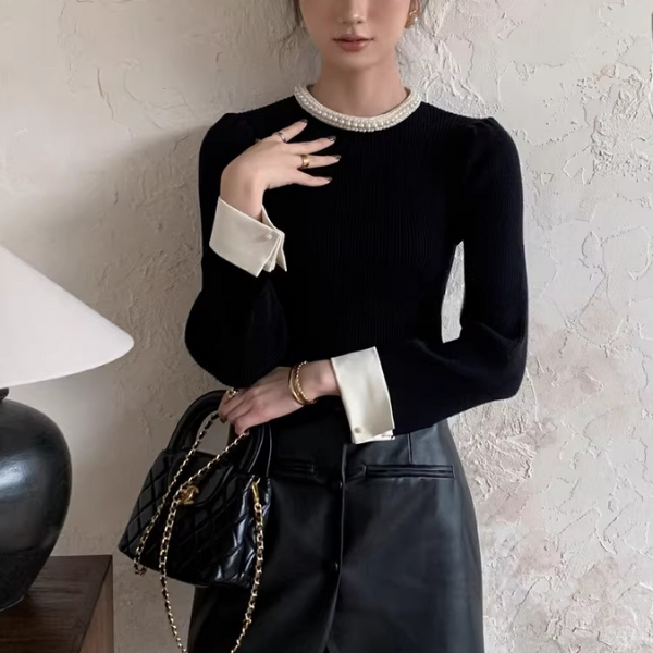 【2color】パールネックが輝くラグジュアリーニットセーター《Z01312》