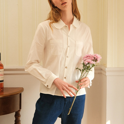 【3color】丸襟パッチポケット付きベーシックシャツ　《Z00742》