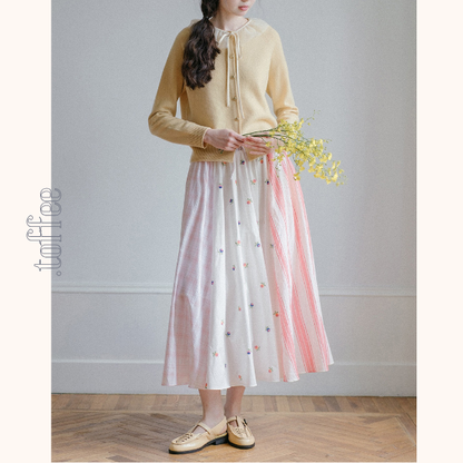 小花とストライプの切替プリーツスカート《Z01075》