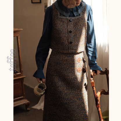 スクエアネックショートベスト＆ホーンボタン付きロングスカートセットアップ《Z00878》