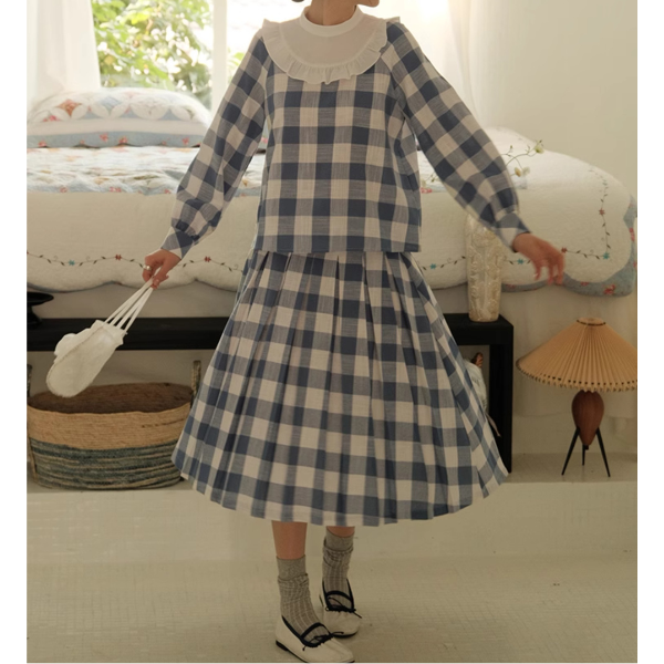 チェック柄ドールカラーブラウス＆スカートセットアップ Z00085