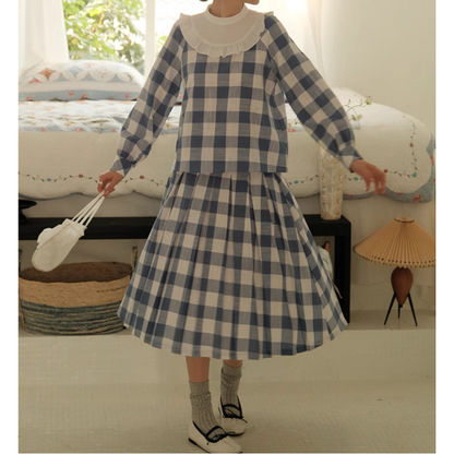 チェック柄ドールカラーブラウス＆スカートセットアップ Z00085