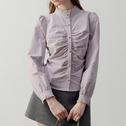 パール＆レースネックシャーリングロングスリーブシャツ　《Z00721》