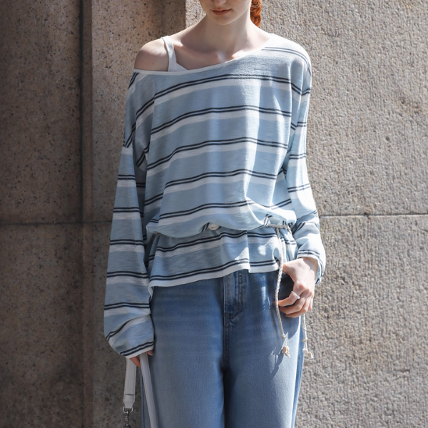 【2color】ワンショルダーストライプシアーニットトップ《Z01027》