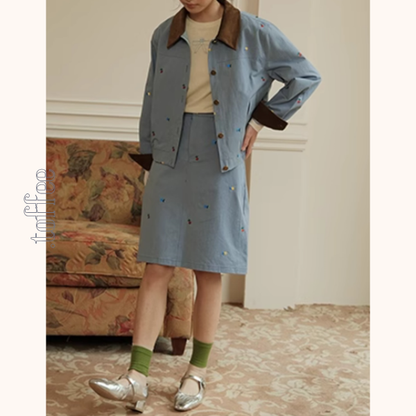 【2color】マルチカラー刺繍入りデニムセットアップ　Z00499