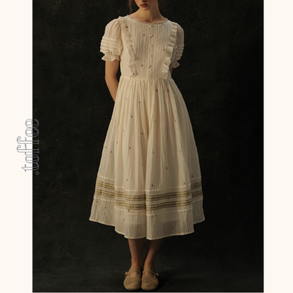 レース＆パール装飾パフスリーブワンピース《Z00985》