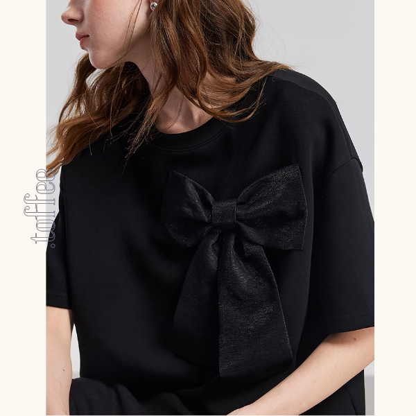 【2color】ビッグリボンクルーネック半袖Tシャツ《Z00933》