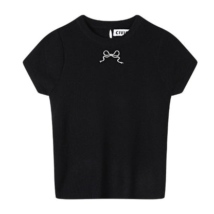 【4color】リボン半袖ニットトップ Z00285