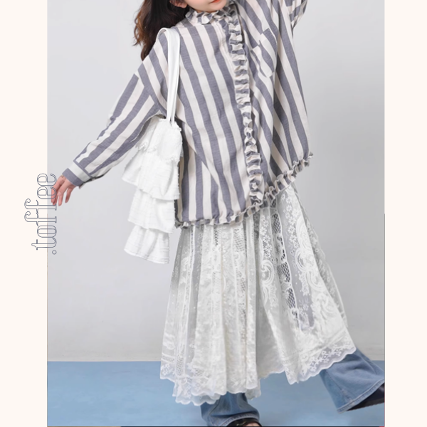 【2color】ストライプ柄フリル装飾シャツ《Z00894》