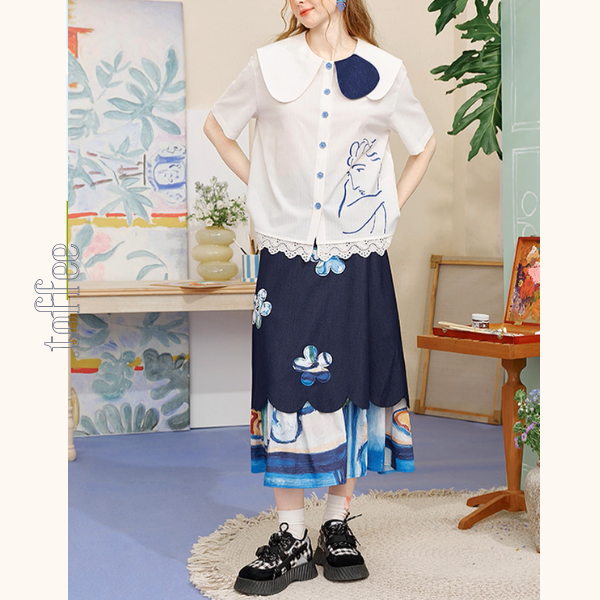 線画とレースが奏でる詩のシャツ《Z01138》