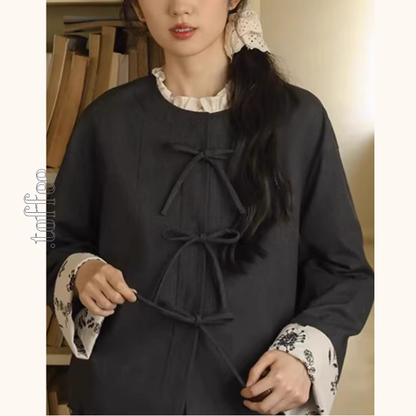 リボン留め×レイヤード風ブラックセットアップ《Z01358》