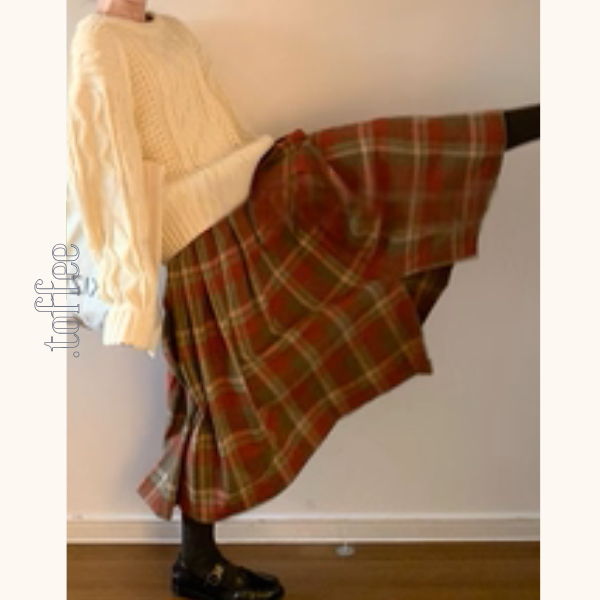 揺れるオレンジ×グリーン＊レトロチェックプリーツスカート《Z01205》