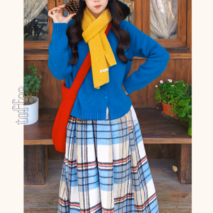 白地レトロチェックの揺れプリーツスカート《Z01206》