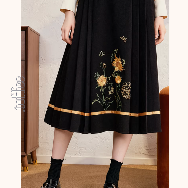 バイカラーと刺繍が映える上品プリーツワンピース《Z01207》