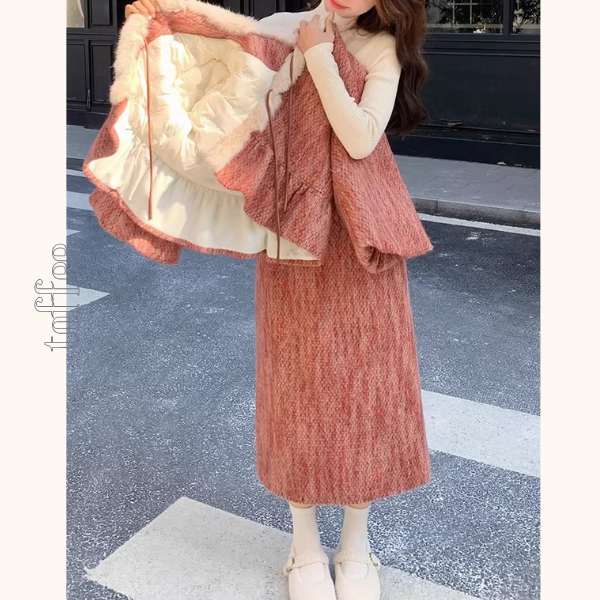 淡紅ファーリボンジャケット＆ミモレ丈スカートのセットアップ《Z01268》