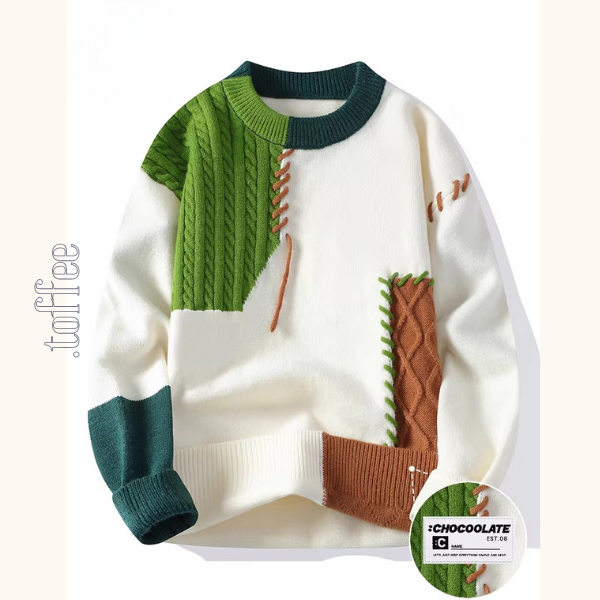 【3color】パッチワーク×アシメ配色の斜めステッチニット《Z01282》