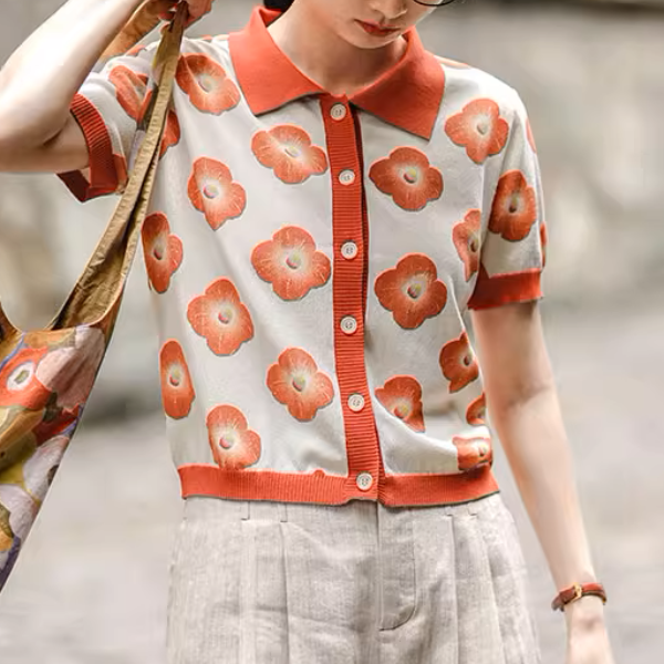 【2color】フラワープリントバイカラーポロシャツ《Z00981》