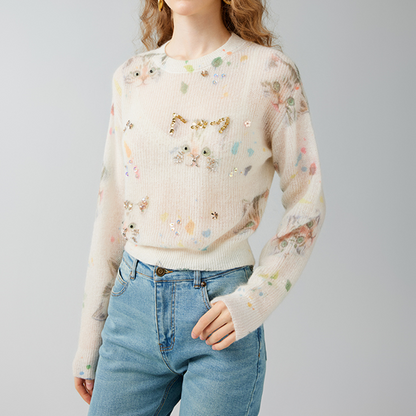 ビジュー＆キャットニットプルオーバー　Z00595