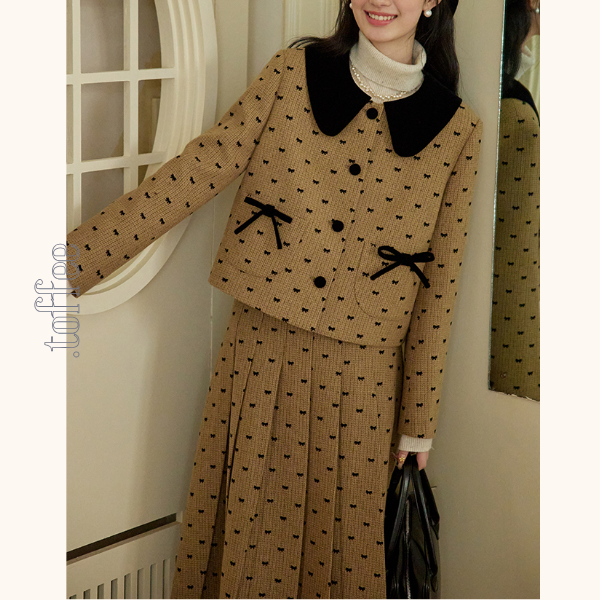 リボンドットショートジャケット＆プリーツスカートセットアップ　《Z00764》