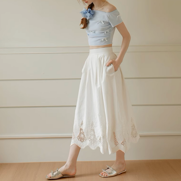 レーズヘムブラウス＆フローラルレースミモレ丈スカートセットアップ《Z00896》