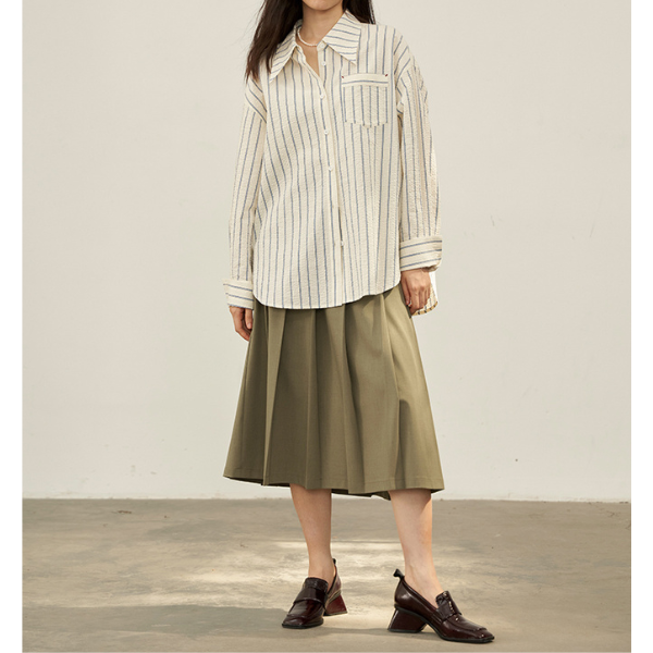 【2color】二つのベルト付きミモレ丈Aラインプリーツスカート Z00223