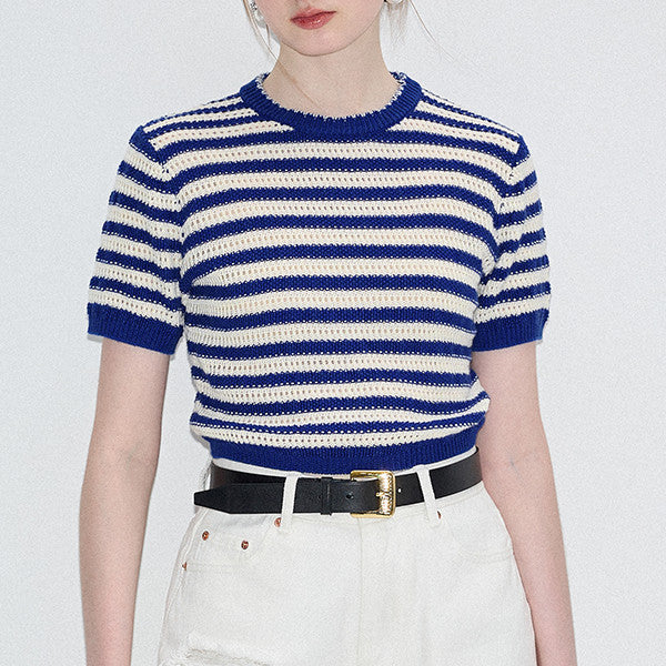 ハーフクルーネックストライプニットトップ Z00320