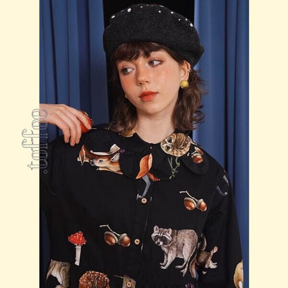 レトロエレガンス：クラシックアートのブラックシャツワンピース 《C0209》