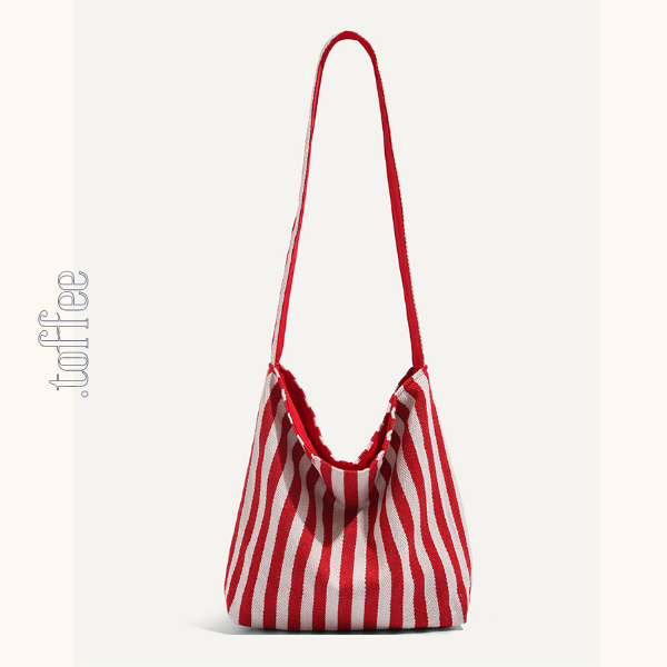 【2color】ストライプ柄×無地ロゴプリントキャンバスショルダーバッグ　《Z00803》