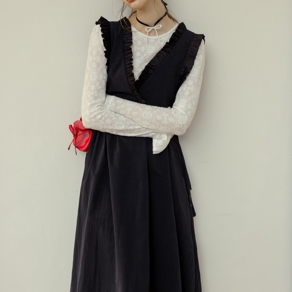 Vネックフリルロングワンピース Z00139