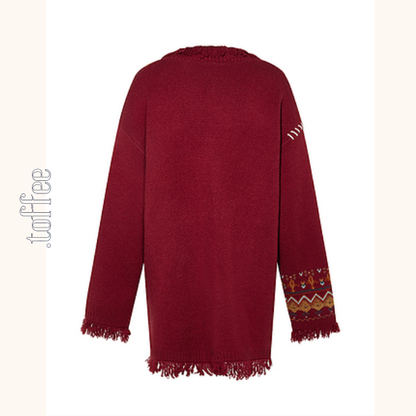 【2color】フリンジ付き北欧風ミドル丈カーディガン　《Z00671》