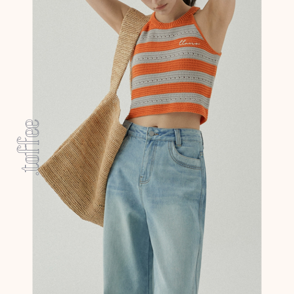 【2color】ホルターネックストライプニットトップ　Z00388
