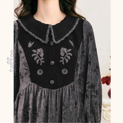 コーデュロイブラックロングワンピース　《Z00689》