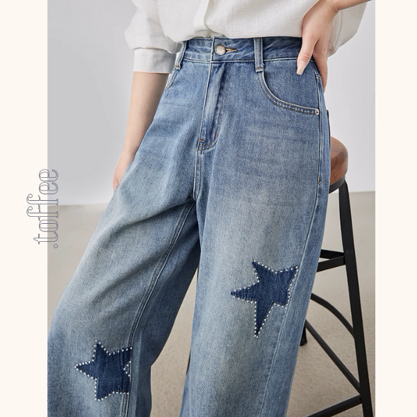 星型アップリケのハイウエストワイドジーンズ《Z00930》