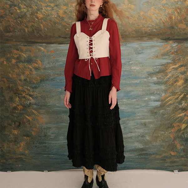 【2color】フリルネックショートブラウス　《Z00618》