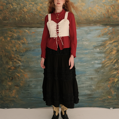 【2color】フリルネックショートブラウス　《Z00618》