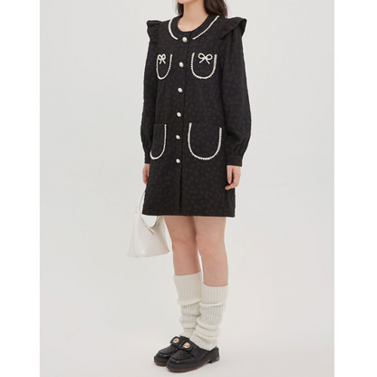 ふくれジャガードのブラックミニワンピース X-381