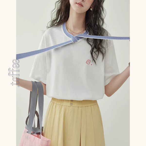 ブルーストライプタイ付きドロップショルダートップ　Z00462