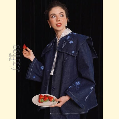 アートワークが映える：レトロ感溢れる刺繍デニムジャケット 《C0208》