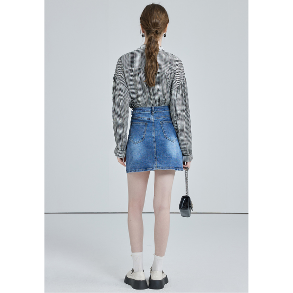 フロントリボンギンガムチェックルーズブラウス X-527