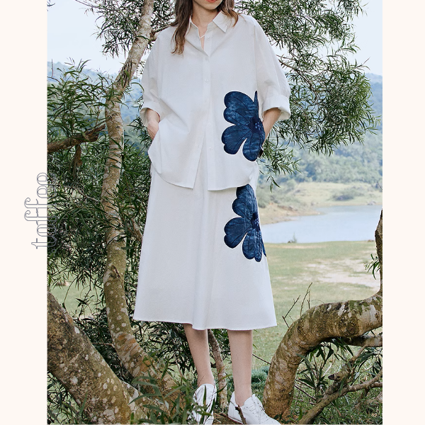 フラワー刺繍オーバーサイズシャツ＆Aラインミモレ丈スカートセットアップ《Z00927》