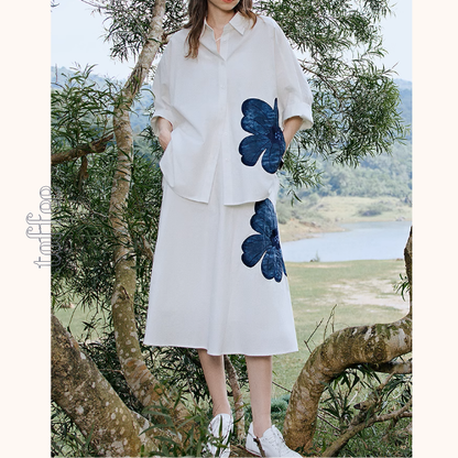 フラワー刺繍オーバーサイズシャツ＆Aラインミモレ丈スカートセットアップ《Z00927》