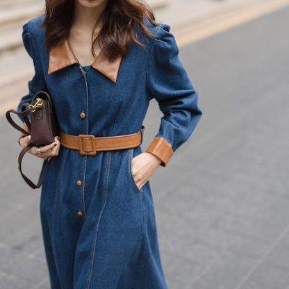 異素材ミックスバイカラーデニムワンピース　AU-225