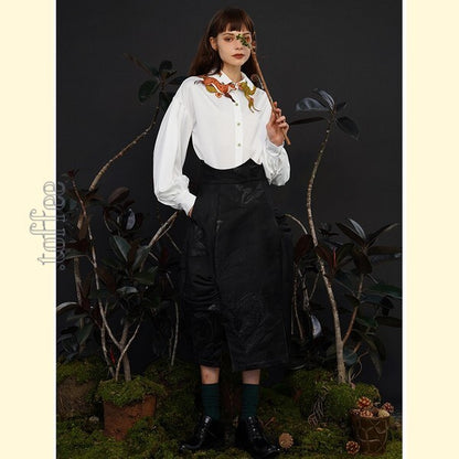 「小狐物語」 オリエンタルテイストが香る：キツネ刺繍ドリーミーブラウス C0183