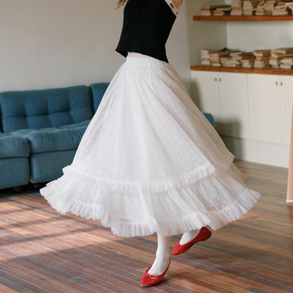 フリル＆メッシュホワイトロングスカート　Z00570