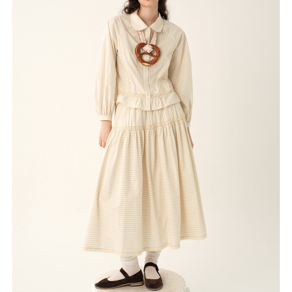 【2color】レトロストライプフリルヘムセットアップ X-263