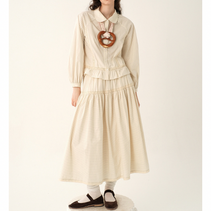 【2color】レトロストライプフリルヘムセットアップ X-263