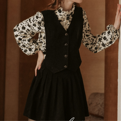 スタンドカラーブラックローズレースブラウス X-470